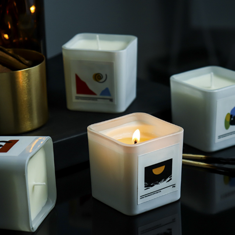 Wholesale UK 60g square glass jar scented wax candles with custom private label sticker and packaging